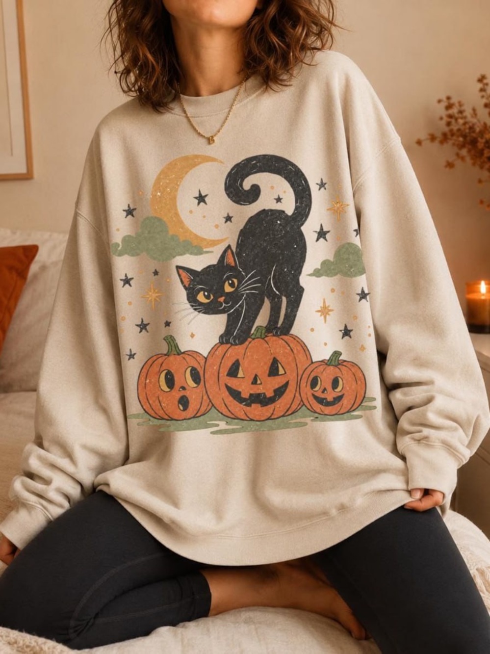 Black Cat Halloween Sweatshirt - Unbranded Beige Crewneck for Cat Lovers